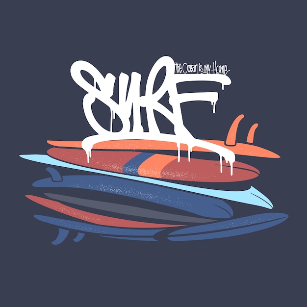 Vector tabla de surf con tipo de letras, camiseta.