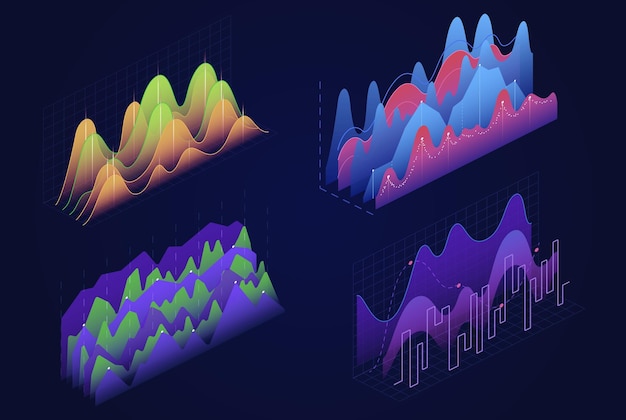 Tablas de gráficos isométricos, diagramas financieros de infografías comerciales, análisis de datos estadísticos