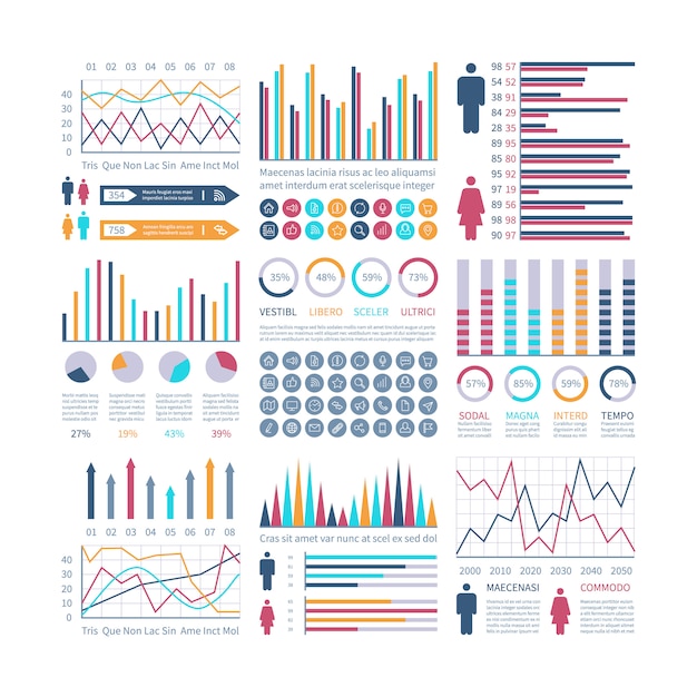 Tablas de infografía. Diagrama de flujo financiero gráfico de tendencias. Diagramas de población. Diagrama de barra de estadísticas. Presentación vectorial infografía
