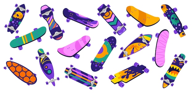 Tablas de patinaje de dibujos animados Tablas de madera retro con ruedas Modelos de patineta y longboard para actividades deportivas callejeras, recreación y cultura juvenil Conjunto aislado vectorial