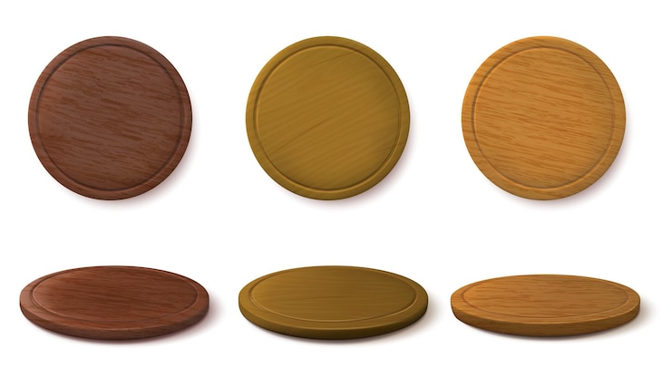 Vector tablas de pizza de madera tabla de cortar redonda tabla de pizza para servir plato y bandeja de madera de círculo vacío vistas laterales y superiores 3d de vajilla de cocina con maqueta de vector aislada de textura de madera realista