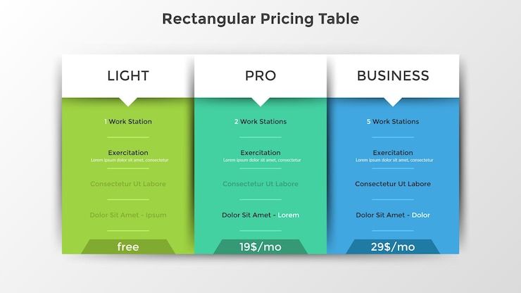 Vector tablas de precios rectangulares con lista de opciones o características incluidas. planes de suscripción light, pro y business, selección de productos web. plantilla de diseño de infografía moderna. ilustración de vector plano.