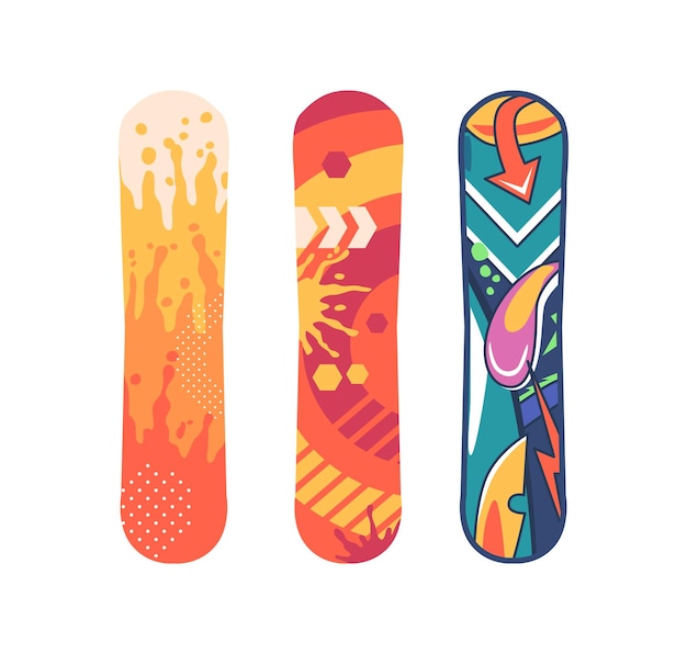 Vector tablas de snowboard, elegantes tablas planas diseñadas para deslizarse sobre la nieve, herramientas vitales para emocionantes deportes de invierno, que permiten a los ciclistas tallar y bajar por pendientes nevadas con estilo, ilustración vectorial de dibujos animados