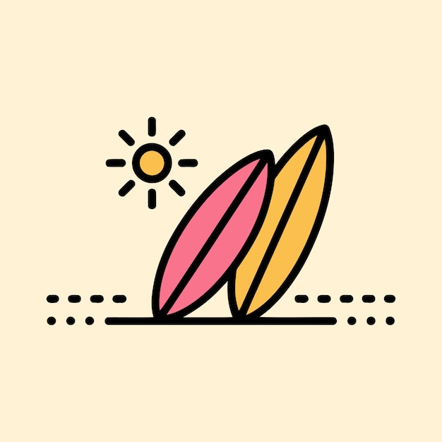 Tablas de surf mínimas en la playa con ilustración de Sun Line Art
