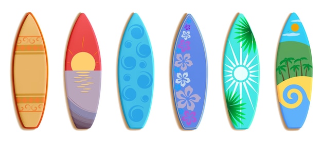 Tablas de surf tabla de surf 3D vacaciones en el océano de verano olas de playa en madera de diseño de surfista patrón de sol tropical deporte acuático extremo tabla corta y tabla larga conjunto de surf aislado vectorial