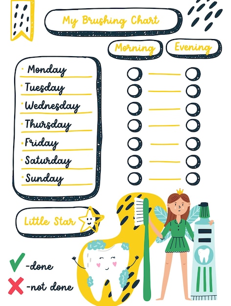 Vector tablas de tareas de cepillado dental para niños