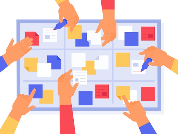 Tablero ágil. Scrum sprints tareas, gestión de trabajo kanban y estado prioritario del proyecto. Ilustración de vector de tarea diaria de estrategia empresarial