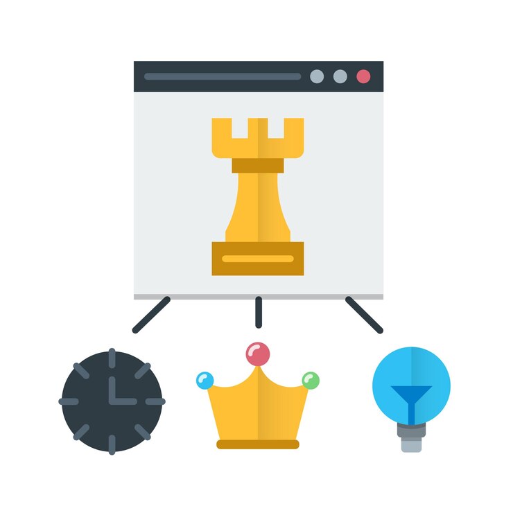 Vector un tablero de ajedrez con una corona y una pieza de ajedrez.