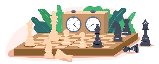 Tablero de ajedrez a cuadros con piezas de ajedrez en blanco y negro aislado sobre fondo blanco. Juego Estratégico y Táctico, Actividad de Hobby Inteligente, Competición o Torneo. Ilustración vectorial de dibujos animados