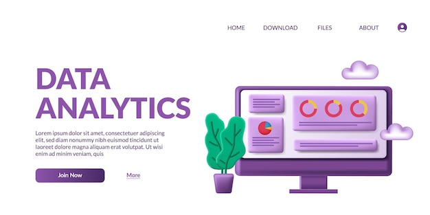 Tablero de análisis de Big Data de estadísticas e informe de finanzas comerciales inversión o concepto de SEO del sitio web con monitor de computadora lindo 3d