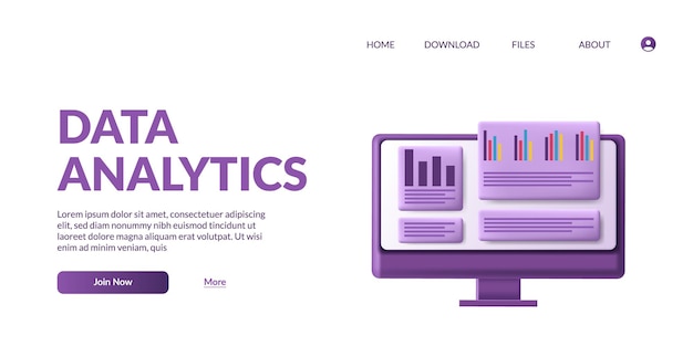 Vector tablero de análisis de big data de estadísticas e informe de finanzas comerciales inversión o concepto de seo del sitio web con monitor de computadora lindo 3d