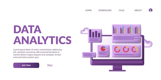 Vector tablero de análisis de big data de estadísticas e informe de finanzas comerciales inversión o concepto de seo del sitio web con monitor de computadora lindo 3d