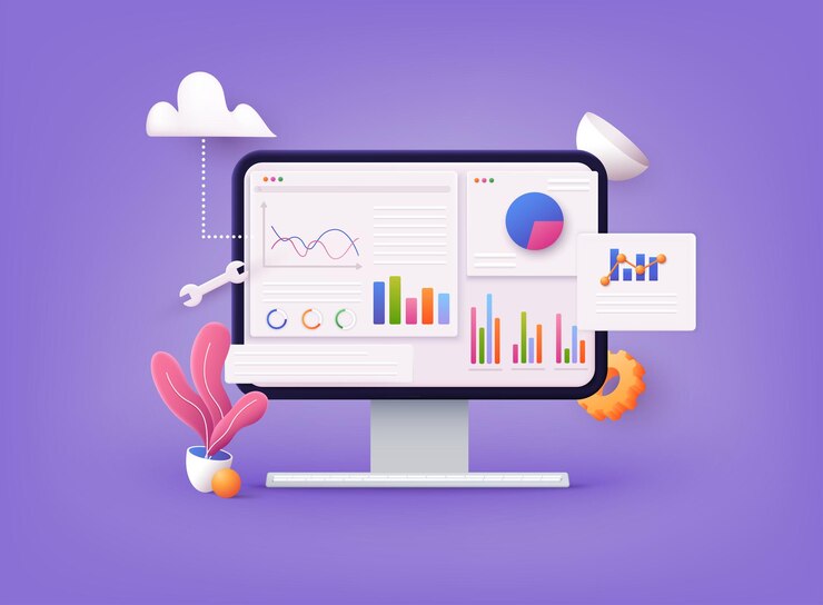 Vector tablero de análisis de datos e informe de finanzas empresariales inversión o sitio web pantalla seo concepto de pc ilustraciones vectoriales web 3d