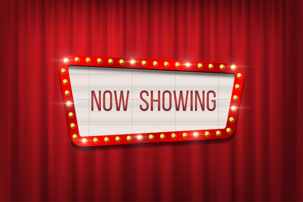 Tablero de anuncios de cine retro vector con marco de bombilla sobre fondo de cortinas rojas