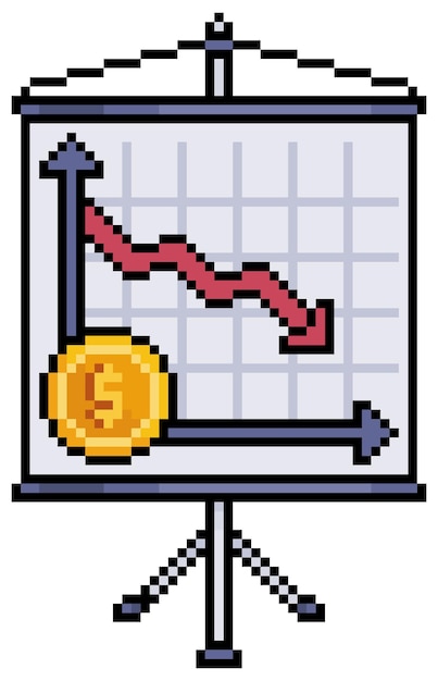 Tablero de arte de píxeles con gráfico de inversión Icono de vector de análisis de ganancias de banner para juego de 8 bits