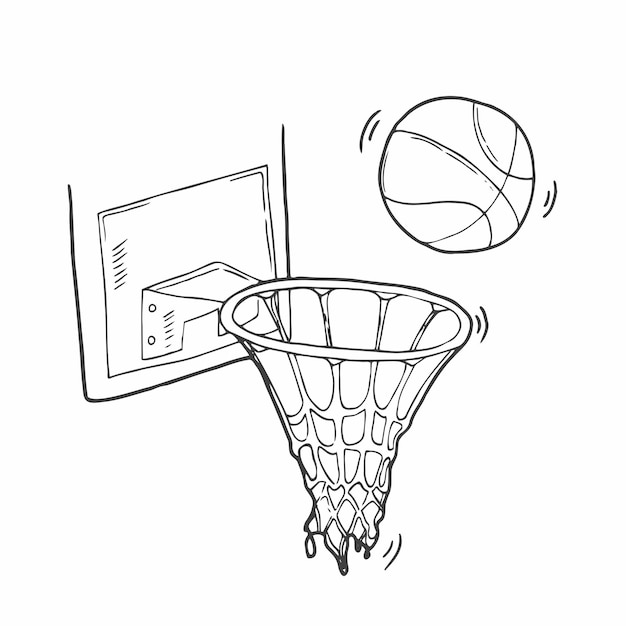 Vector tablero de baloncesto con red de aro y pelota de baloncesto ilustración vectorial dibujada a mano