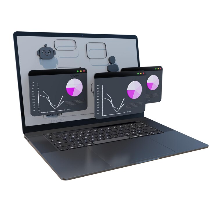 Vector tablero de control de negocios en una computadora portátil 3d con aspectos de análisis de negocios gestión de inversiones comercio