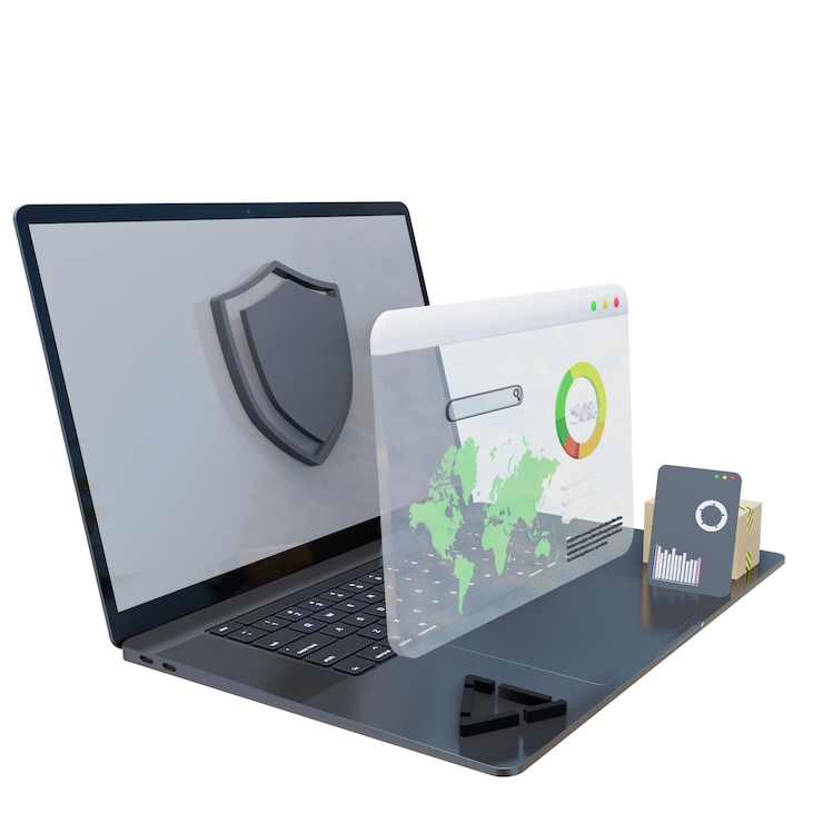 Vector tablero de control de negocios en una computadora portátil 3d con aspectos de análisis de negocios gestión de inversiones comercio