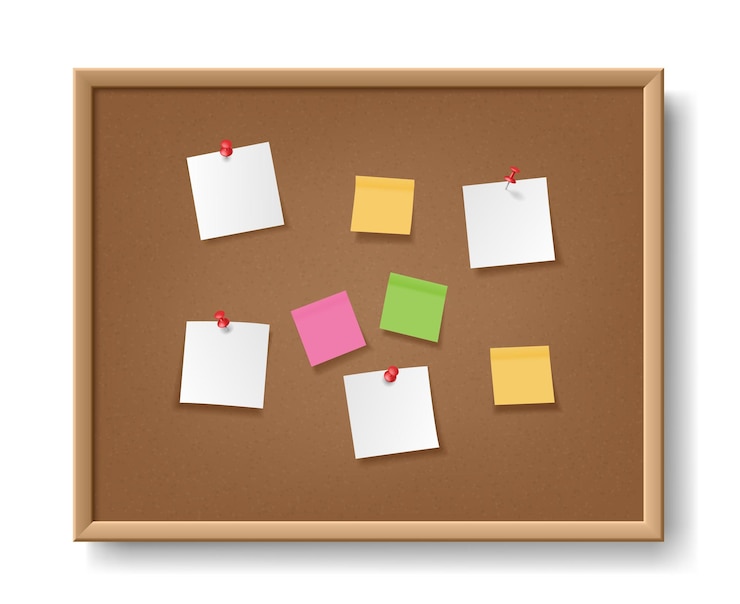 Vector tablero de corcho realista con hojas de bloc de notas de papel clavado. tablero de corcho para memo, pegatinas y notas