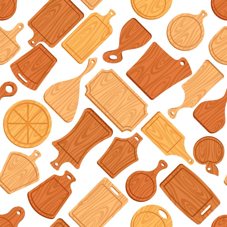 Vector tablero de corte de madera de fondo de mosaico de patrones sin fisuras con herramientas de textura de madera natural de diferentes tamaños y formas