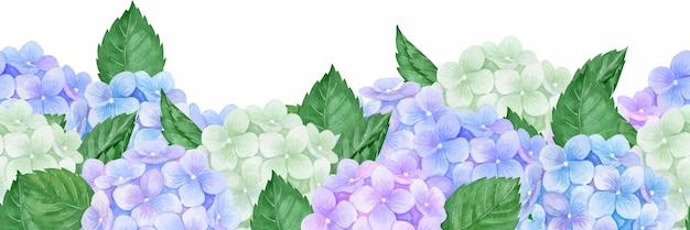 Tablero sin costuras con hortensias de diferentes colores azul púrpura blanco Acuarela