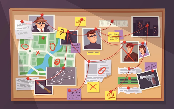 Vector tablero de detectives pinboard investigación del crimen mapa pines hilos pared criminal policía pistas evidencia laboratorio periódico nota investigador privado ingenioso vector ilustración