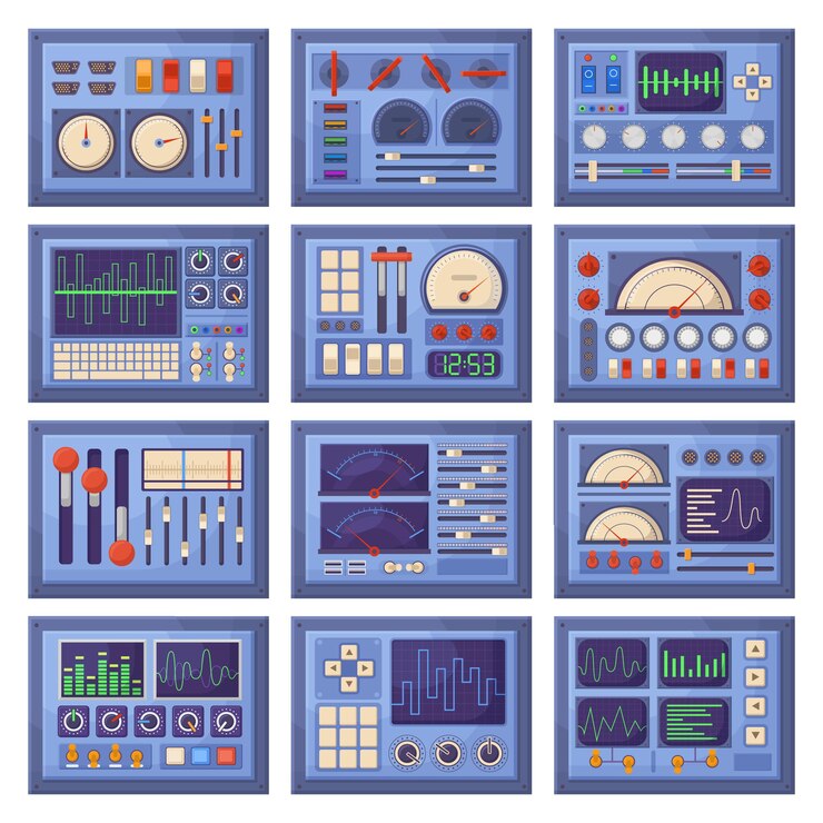 Vector tablero eléctrico, paneles de control con cartas, botones y sintonizadores. conjunto de ilustraciones vectoriales de elementos de paneles de control de salpicadero retro. paneles de interfaz de naves espaciales. tecnología de panel de control