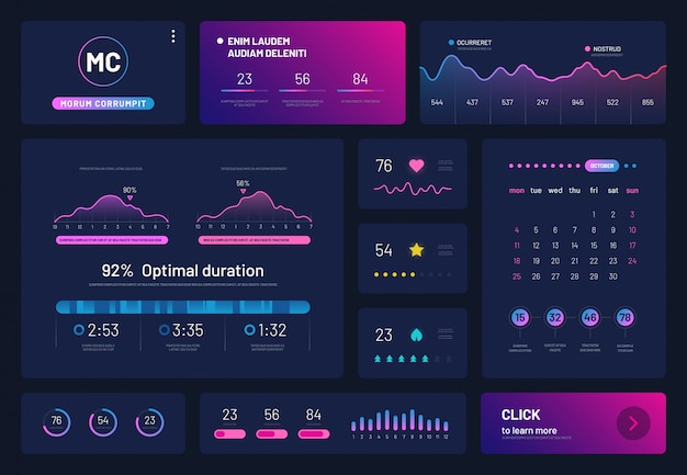 Tablero infografía. Plataforma de negociación con gráficos de estadísticas gráficos de finanzas, calendario. Visualización de vector de análisis de datos de visualización