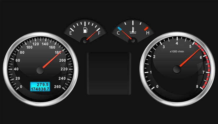 Vector tablero de instrumentos del automóvil velocímetro tacómetro indicador de combustible y temperatura del motor tablero de instrumentos del automóvil realista ilustración vectorial