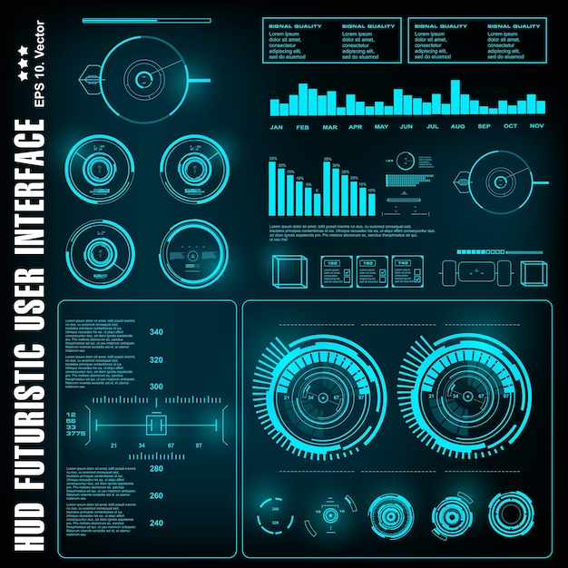 Vector tablero de instrumentos pantalla de tecnología de realidad virtual hud interfaz de usuario azul futurista