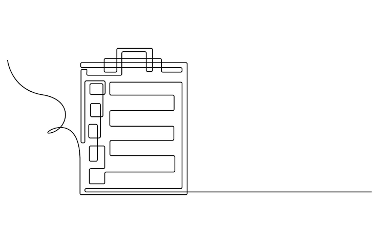Vector tablero con lista de comprobación y bolígrafo en un dibujo de línea continua