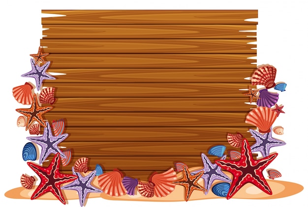 Vector tablero de madera en blanco con estrellas de mar y conchas