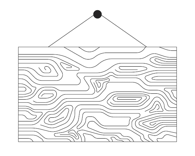 Tablero de madera colgado en blanco y negro Objeto de dibujos animados de línea 2D Colgado tablero vintage en blanco elemento de contorno vectorial aislado Anuncio oxidado tablero de anuncios ilustración de punto plano monocromático