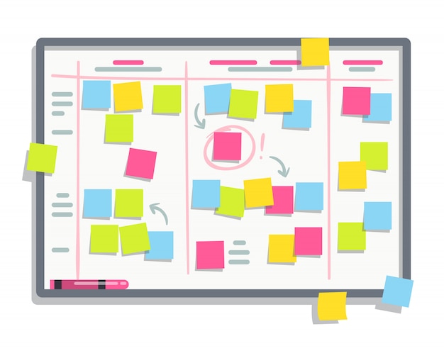 Vector tablero de planificación del proceso con notas adhesivas de color. scrum task whiteboard ilustración plana.