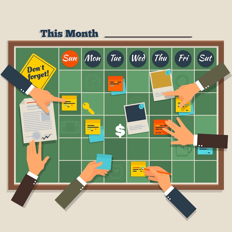 Vector tablero de programación de calendario con plan de colaboración