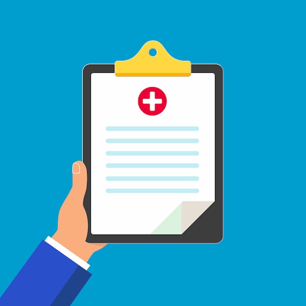 Tablero de recortes de mano con formulario de reclamación de texto en cruz médica aislado en vector de fondo azul