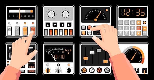 Vector tablero retro manos de dibujos animados en el panel de control de radio con interruptores puertos de conexión técnica sintonizadores de interfaz y diales indicadores botones de presión de brazos en la interfaz de usuario del tablero de la consola ilustración vectorial