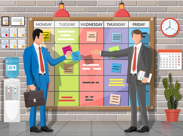 Vector tablero de scrum de personas en el interior de la oficina