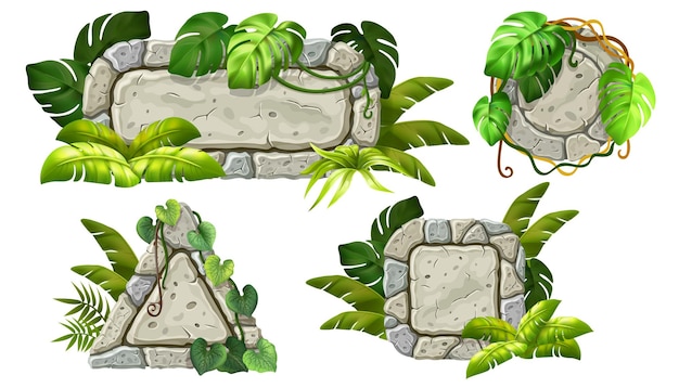 Tableros de piedra de dibujos animados Paneles de juego aislados con lianas tropicales