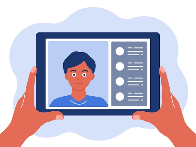 Tablet en la mano chat en línea El concepto de comunicación virtual Ilustración vectorial
