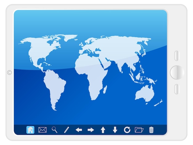 Tablet PC blanca con mapa del mundo