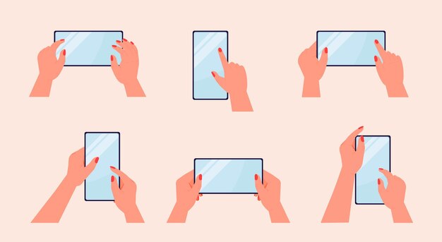 Tablet smartphone en manos y pantalla táctil vacía Maqueta de múltiples pantallas táctiles del móvil