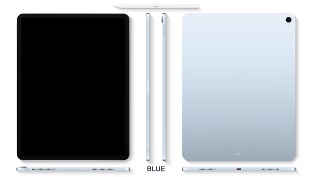 Vector tableta de color azul con protector de pantalla táctil negro y lápiz plano aislado en la maqueta de vista superior de fondo blanco de dispositivo realista y detallado con sombra