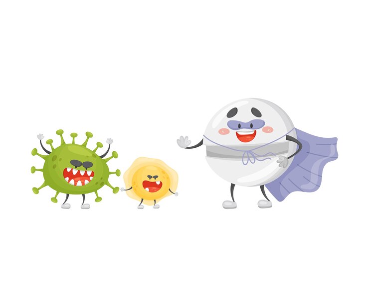 Vector tableta de dibujos animados redonda en una capa azul y máscara no se pierde la ilustración vectorial de microbios amarillos y verdes sobre un fondo blanco