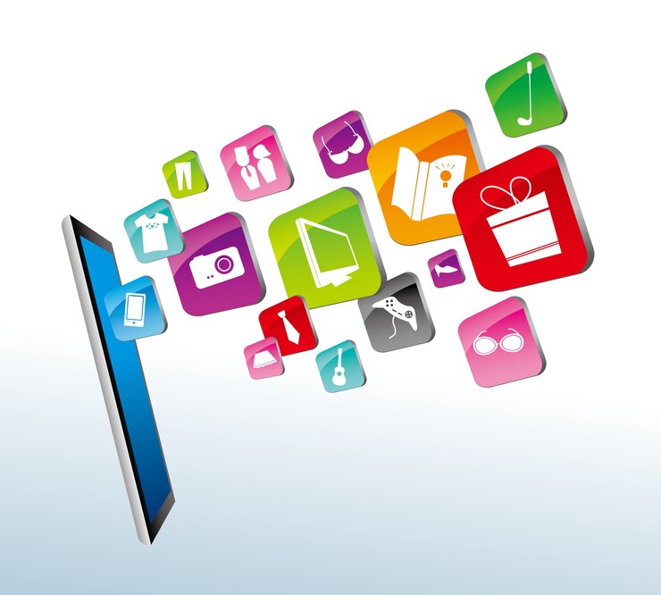 Vector tableta digital con el icono de objetos de compras en línea