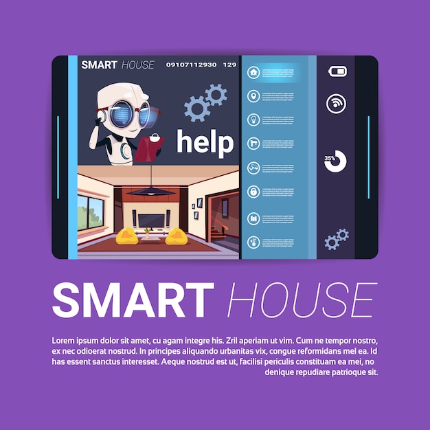 Vector tableta digital con interfaz de aplicación de control de casa inteligente, tecnología moderna del concepto de automatización del hogar