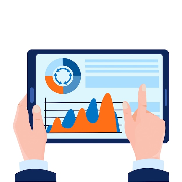 Tableta con infografías de análisis empresarial en manos de un hombre de negocios