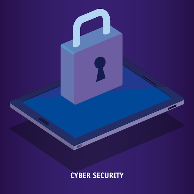 tableta isométrica y candado seguridad cibernética
