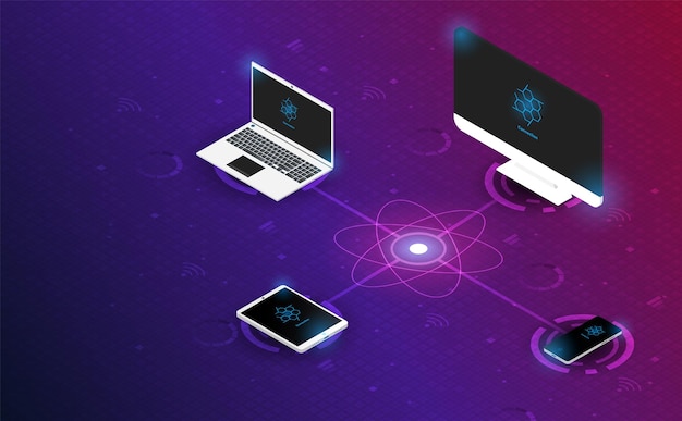tableta isométrica del teléfono inteligente de la computadora y computadora portátil en el vector e ilustración del fondo de la cuadrícula del sistema