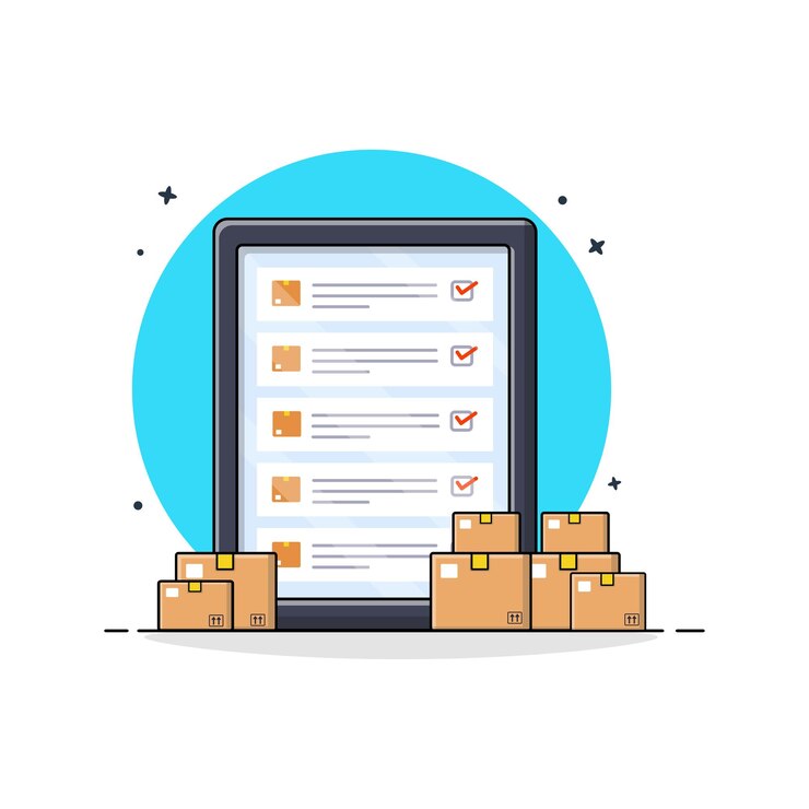 Vector tableta con lista de comprobación y cajas de paquetes ilustración vectorial diseño conceptual de comprobación de paquetes